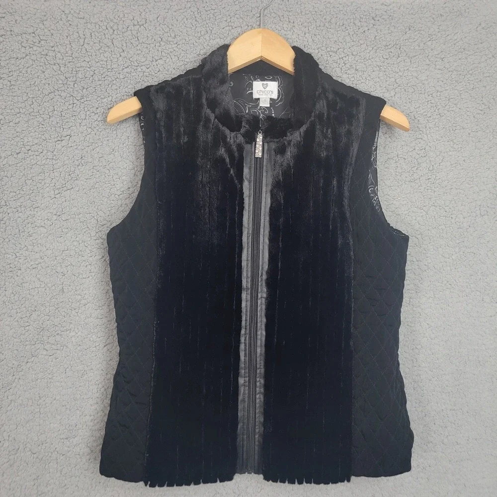 Chico's Black Faux Fur/ Quilted Lined Vest Embellished Zipper Chico's‎ Size 1